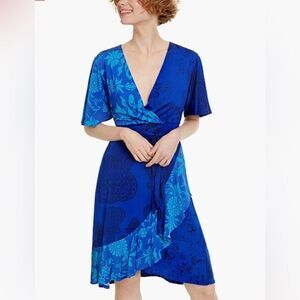 Desigual Women's Fedra V-neck Short Sleeve Vest Dress In Blue Size S